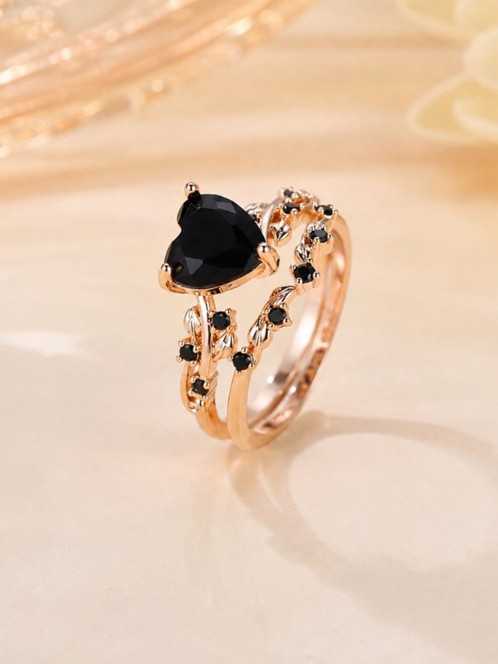 Black Heart Gemstone Gold Plated Bridal Ring Set Size 8 NWT